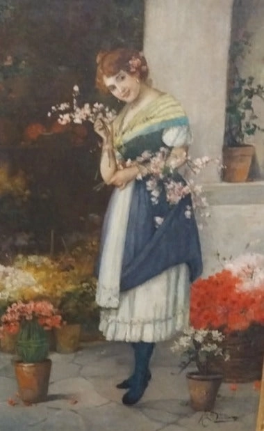 GILT FRAMED ITALIAN OIL PAINTING OF A YOUNG DEMUR LADY  SIGNED