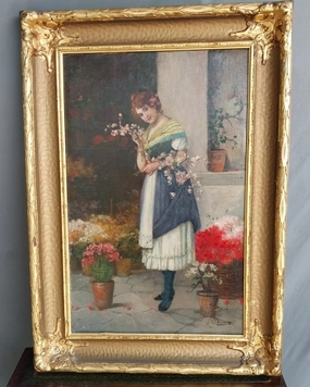 GILT FRAMED ITALIAN OIL PAINTING OF A YOUNG DEMUR LADY  SIGNED classic mural painting