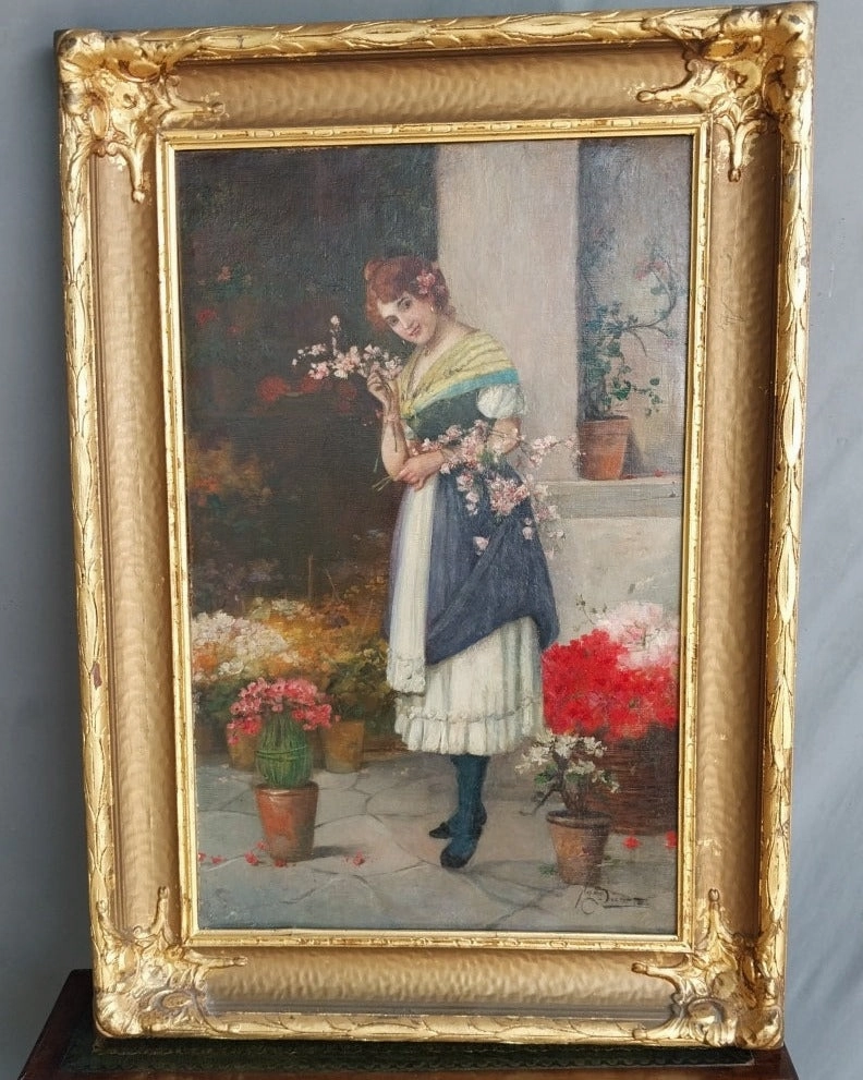 GILT FRAMED ITALIAN OIL PAINTING OF A YOUNG DEMUR LADY  SIGNED classic mural painting