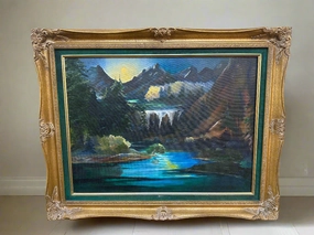 GILT FRAMED LANDSCAPE OIL OPAINTING WITH A WATER FALL BY MAUDE WATERS classic mural painting
