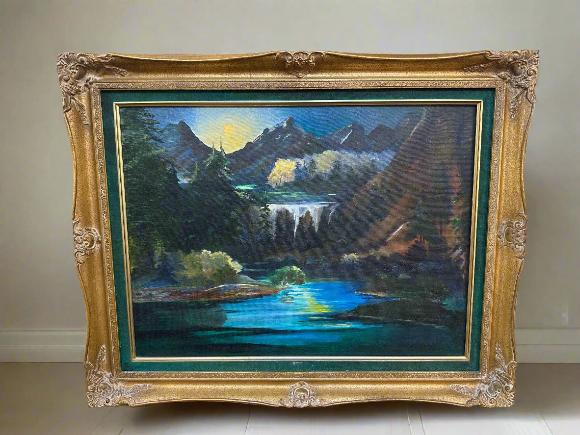 GILT FRAMED LANDSCAPE OIL OPAINTING WITH A WATER FALL BY MAUDE WATERS classic mural painting