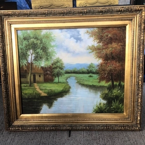 GILT FRAMED LANDSCAPE PAINTING ON CANVAS WITH YELLOW HOUSE classic mural painting