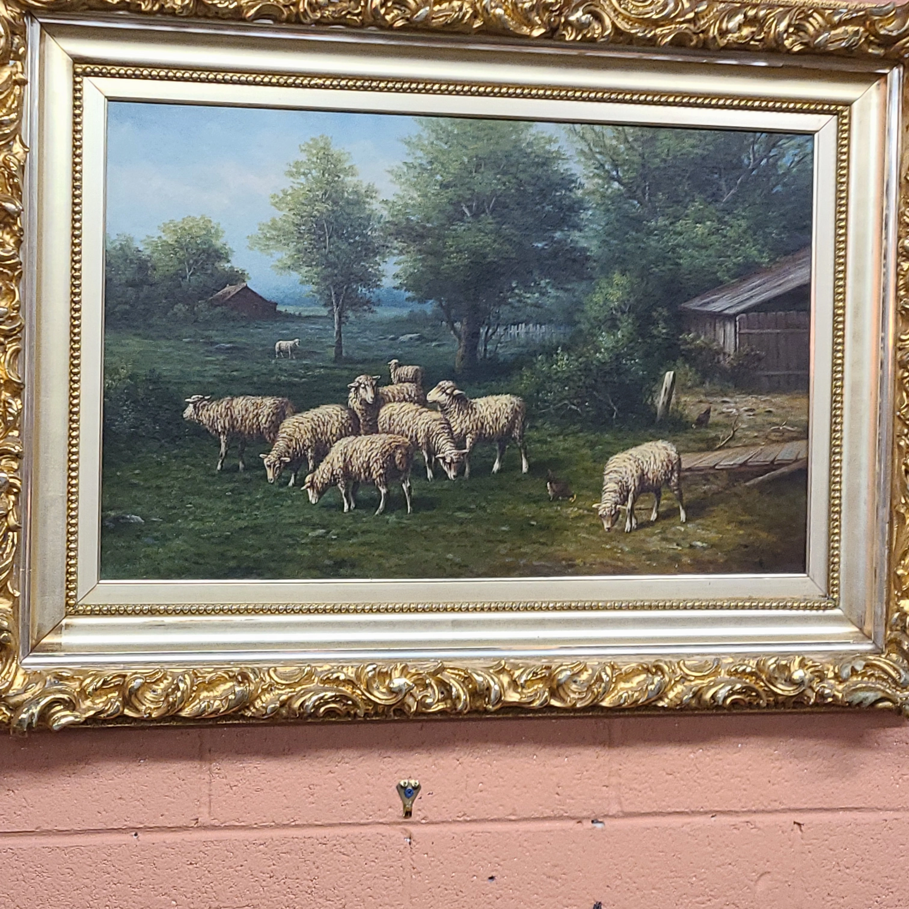 GILT FRAMED LARGE OIL ON CANVAS SHEEP PAINTING