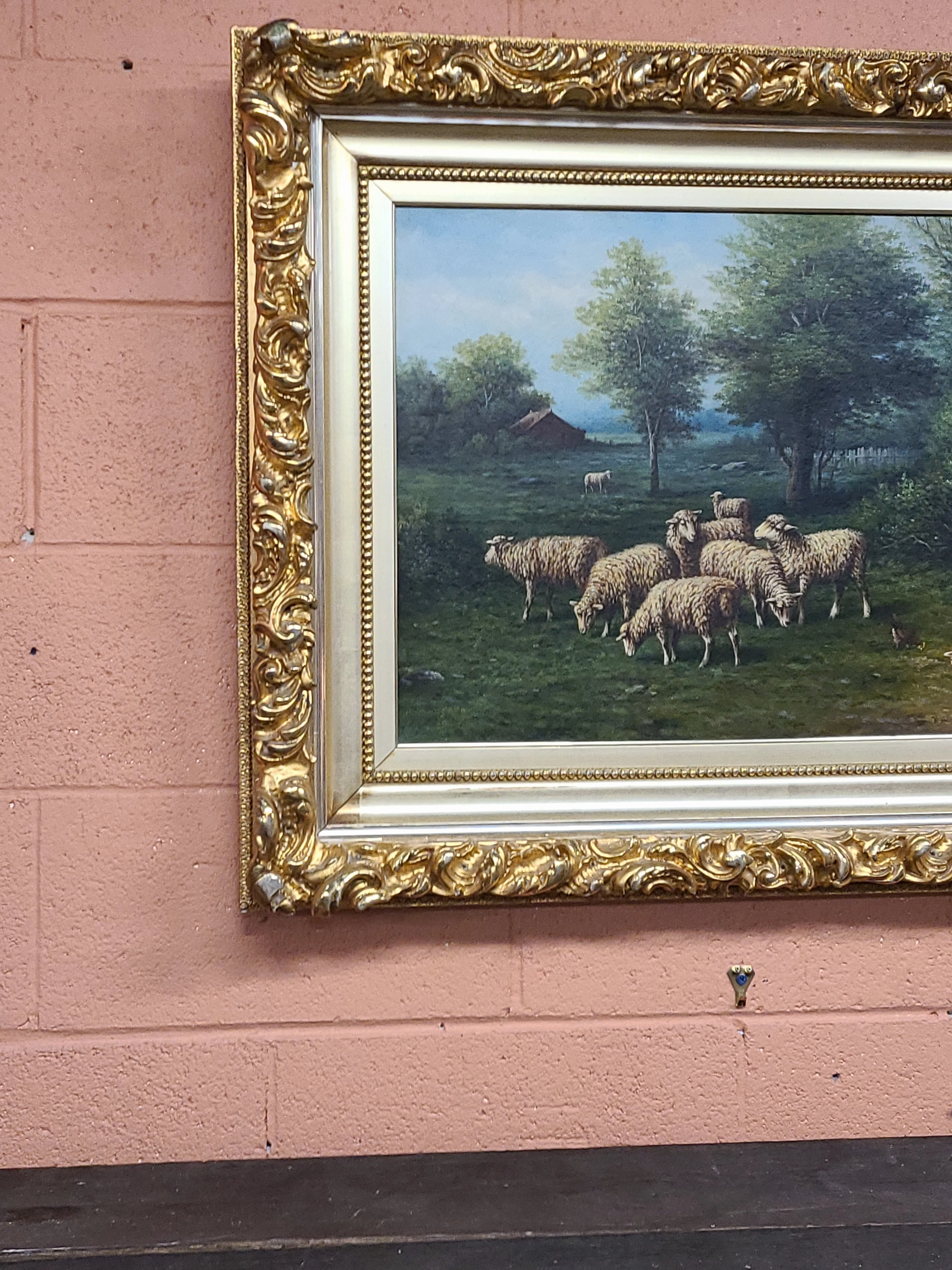 GILT FRAMED LARGE OIL ON CANVAS SHEEP PAINTING