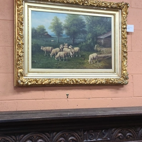 GILT FRAMED LARGE OIL ON CANVAS SHEEP PAINTING classic mural painting