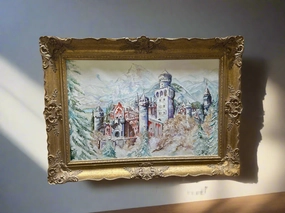 GILT FRAMED OIL PAINTING OF A CASTLE BY MAUDE WATERS classic mural painting