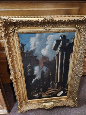 GILT FRAMED OIL PAINTING OF MEN STANDING BY RUINS SIGNED GIOVANI  PANINI classic mural painting