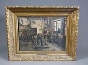 GILT FRAMED OIL PAINTING OF WORKERS IN A SHOP classic mural painting