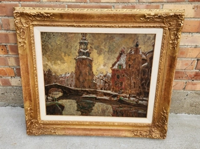 GILT FRAMED OIL PAINTING ON BOARD BY DUTCH ARTIST BEN VIEGERS classic mural painting