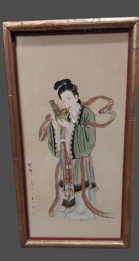 GILT FRAMED PAINTING ON SILK OF A WOMAN PLAYING A LUTE-SIGNED classic mural painting
