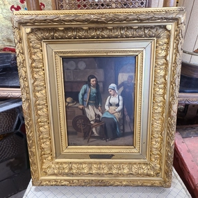 GILT FRAMED SMALL OIL PAINTING OF YOUNG MAN AND WOMAN ON CANVAS classic mural painting