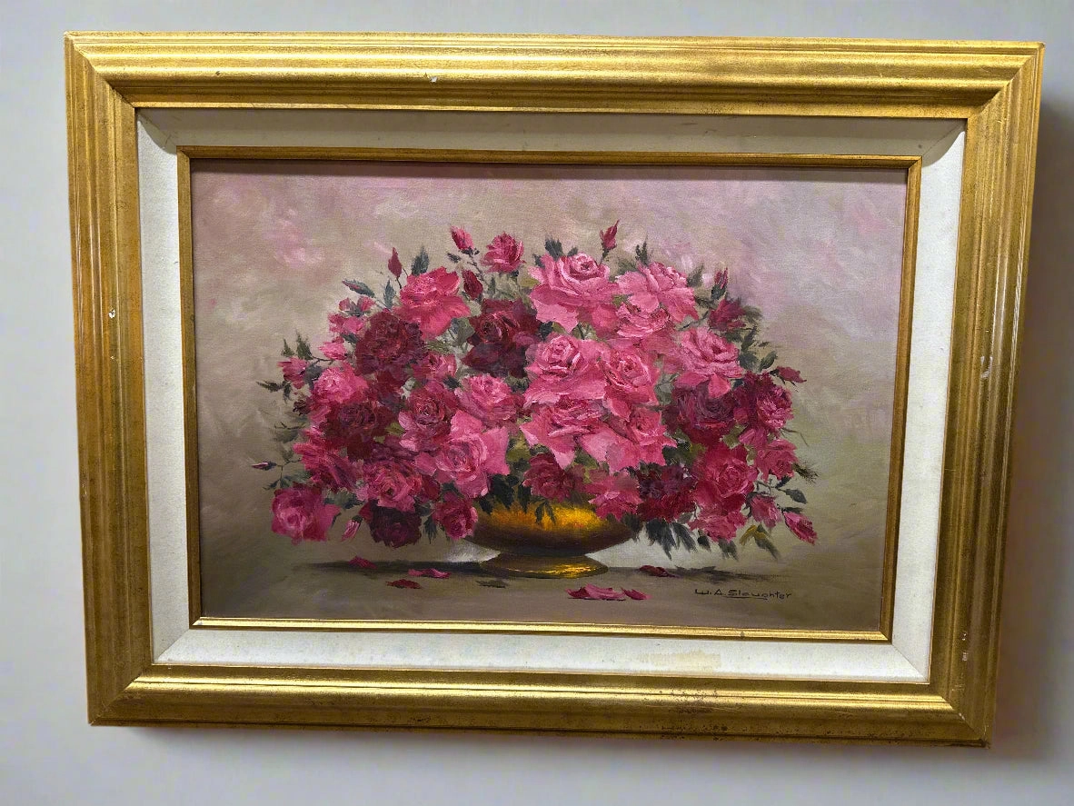 GILT FRAMED STILL LIFE OIL PAINTING OF ROSES SIGNED SLAUGHTER classic mural painting