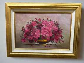 GILT FRAMED STILL LIFE OIL PAINTING OF ROSES SIGNED SLAUGHTER classic mural painting