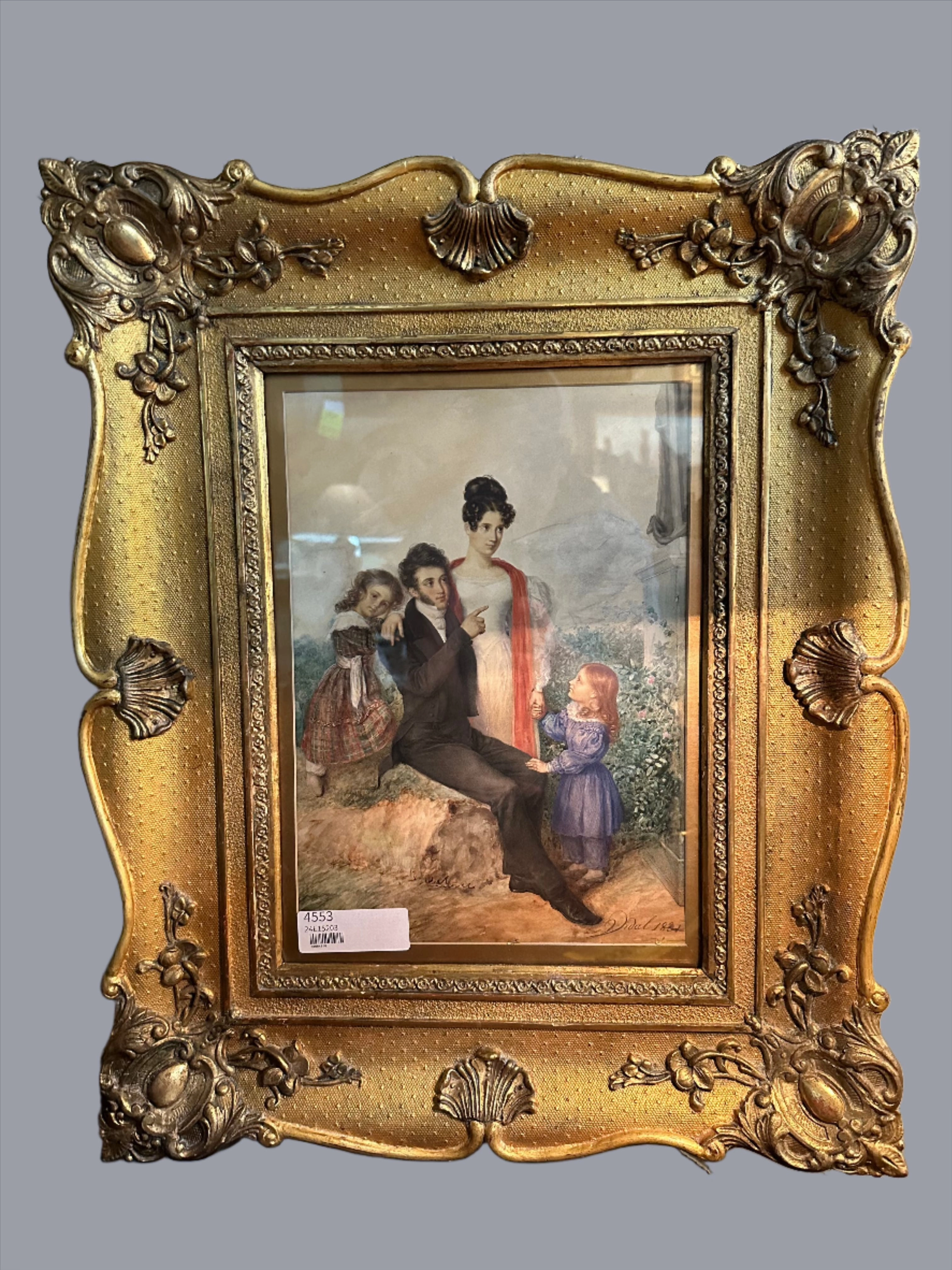 GILT FRAMED WATERCOLOR OF A FAMILY SIGNED VIDAL FRENCH classic mural painting