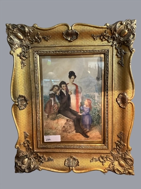 GILT FRAMED WATERCOLOR OF A FAMILY SIGNED VIDAL FRENCH classic mural painting