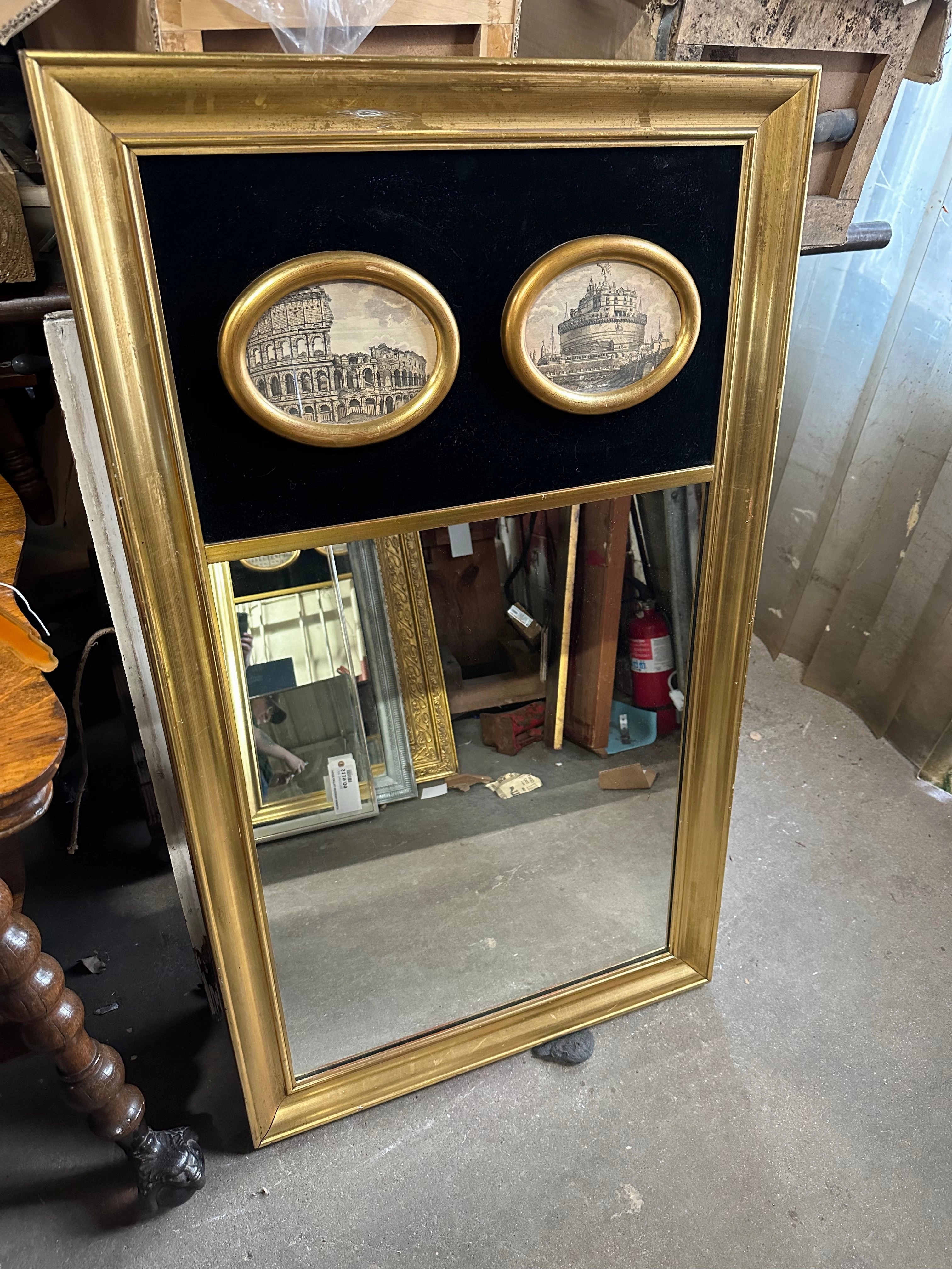 GILT TRUMEAU MIRROR WITH PAIR OF OVAL PAINTINGS classic mural painting
