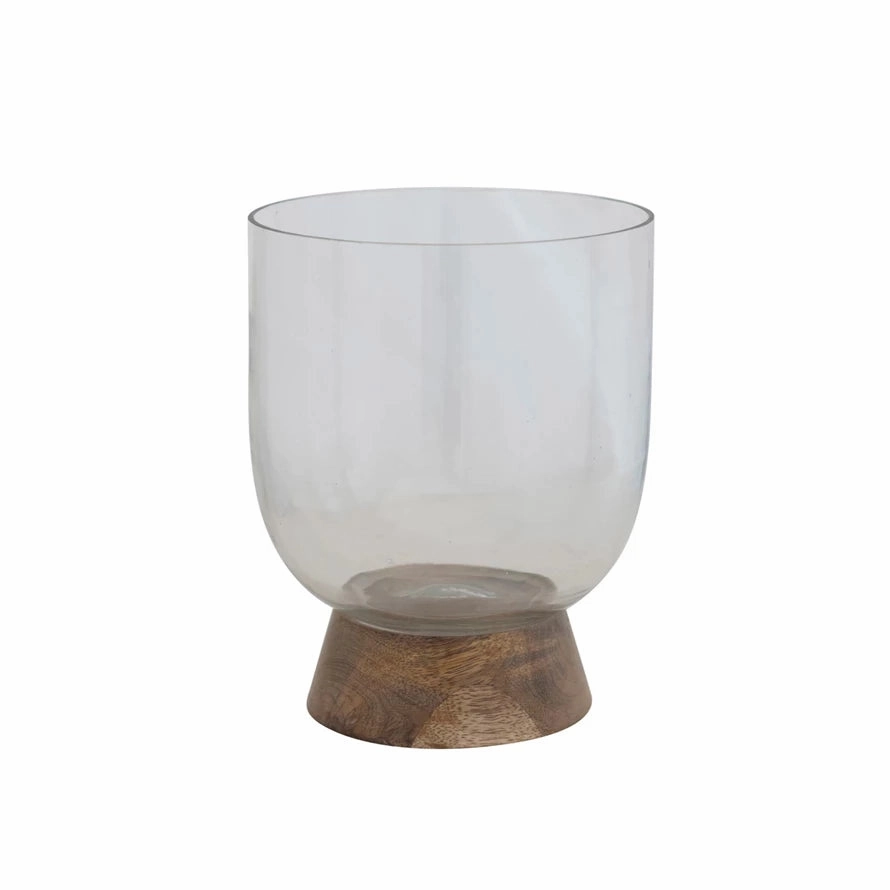 Glass & Mango Wood Footed Vase/Hurricane/Candle Holder 5"x5" interior room decor
