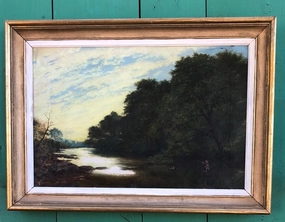 GOLD FRAMED 19TH CENTURY OIL PAINTING OF A BOY FISHING ON A RIVER SIGNED J.M. CARRICK classic mural painting