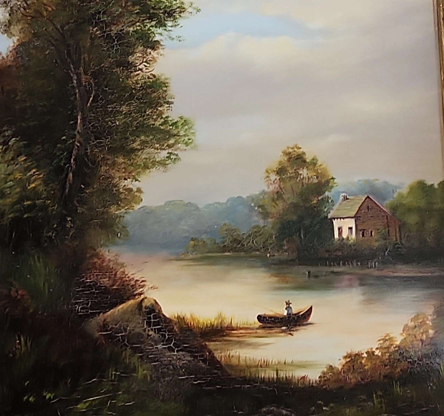 GOLD FRAMED 19TH CENTURY VERTICAL LANDSCAPE OIL PAINTING WITH A RIVER