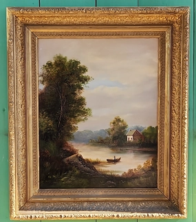 GOLD FRAMED 19TH CENTURY VERTICAL LANDSCAPE OIL PAINTING WITH A RIVER classic mural painting