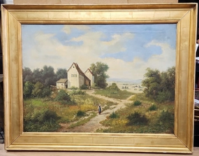 GOLD FRAMED BUCOLIC OIL PAINTING OF A WOMAN AND A BARN classic mural painting