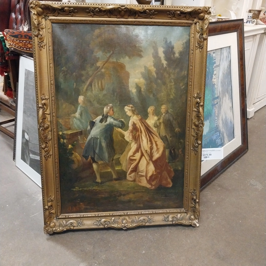 GOLD FRAMED FRENCH IMPRESSIONIST OIL PAINTING OF AN 18TH CENTURY GATHERING RESTORED
