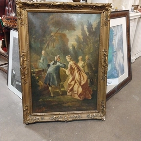 GOLD FRAMED FRENCH IMPRESSIONIST OIL PAINTING OF AN 18TH CENTURY GATHERING RESTORED classic mural painting