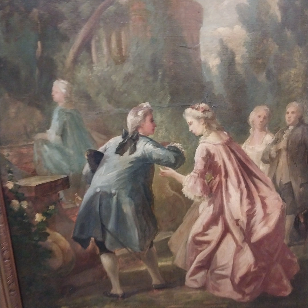 GOLD FRAMED FRENCH IMPRESSIONIST OIL PAINTING OF AN 18TH CENTURY GATHERING RESTORED