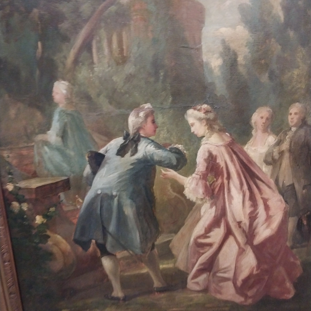 GOLD FRAMED FRENCH IMPRESSIONIST OIL PAINTING OF AN 18TH CENTURY GATHERING RESTORED