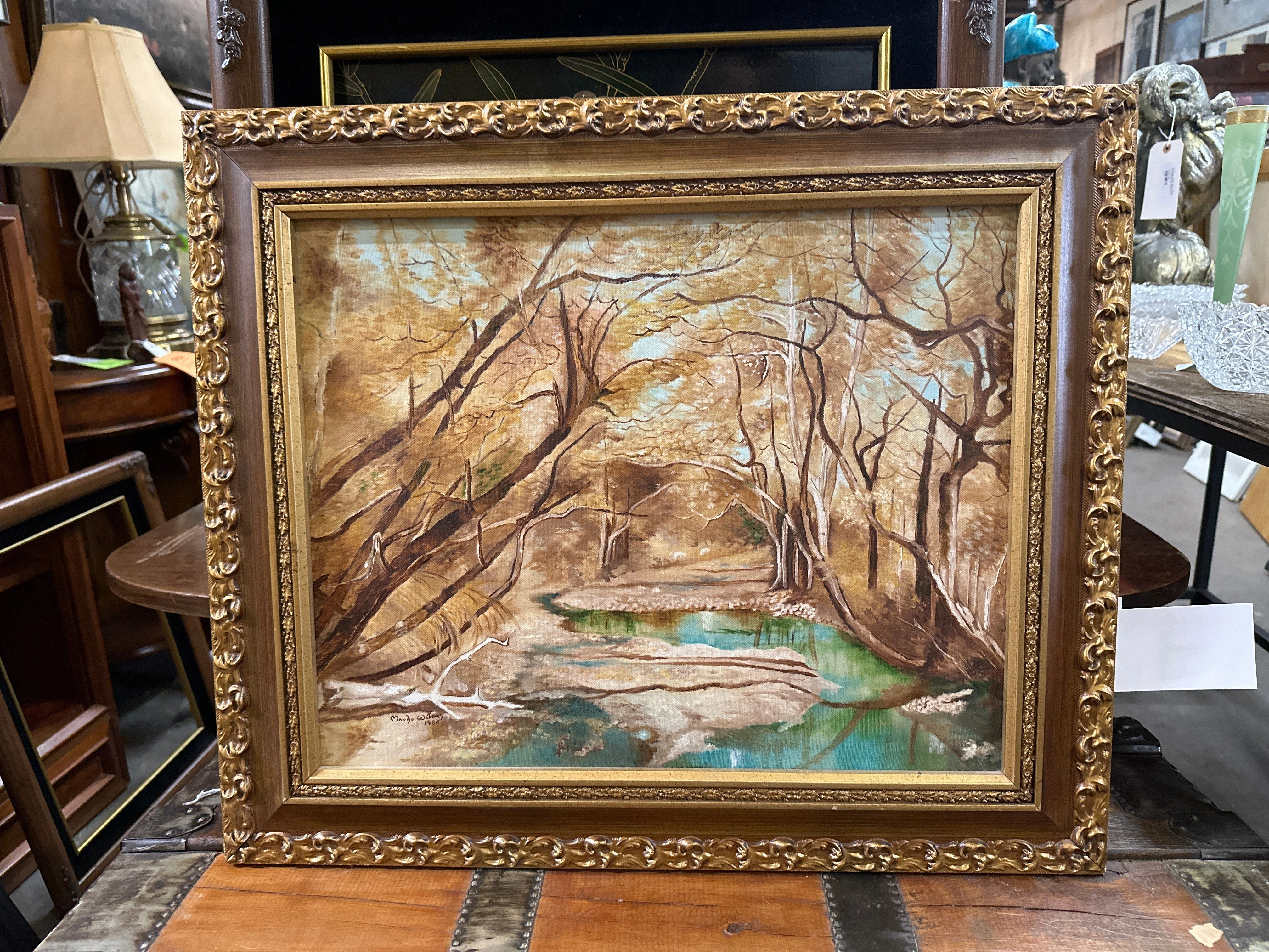 GOLD FRAMED IMPRESSIONIST SWAMPY LANDSCAPE OIL PAINTING BY MAUDE WATERS classic mural painting
