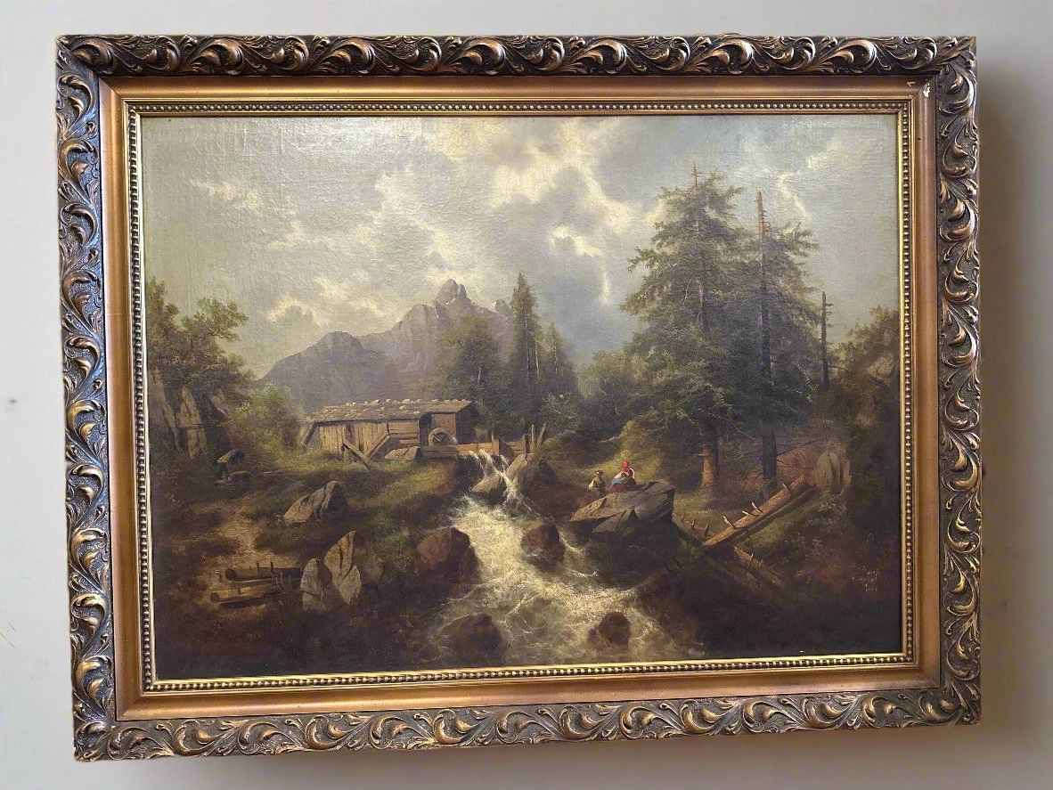 GOLD FRAMED LANDSCAPE OIL PAINTING OF NORTHERN EUROPEAN WATERMILL classic mural painting