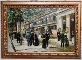 GOLD FRAMED MEN IN TOP HATS STREET SCENE OIL PAINTING classic mural painting