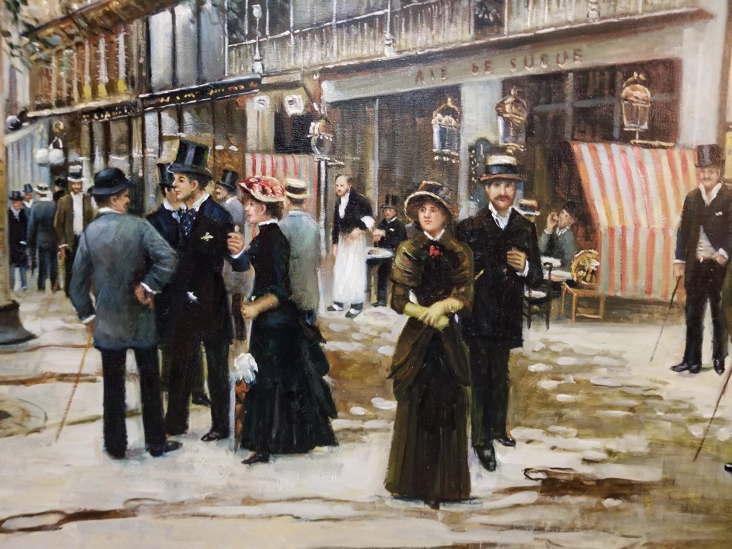 GOLD FRAMED MEN IN TOP HATS STREET SCENE OIL PAINTING