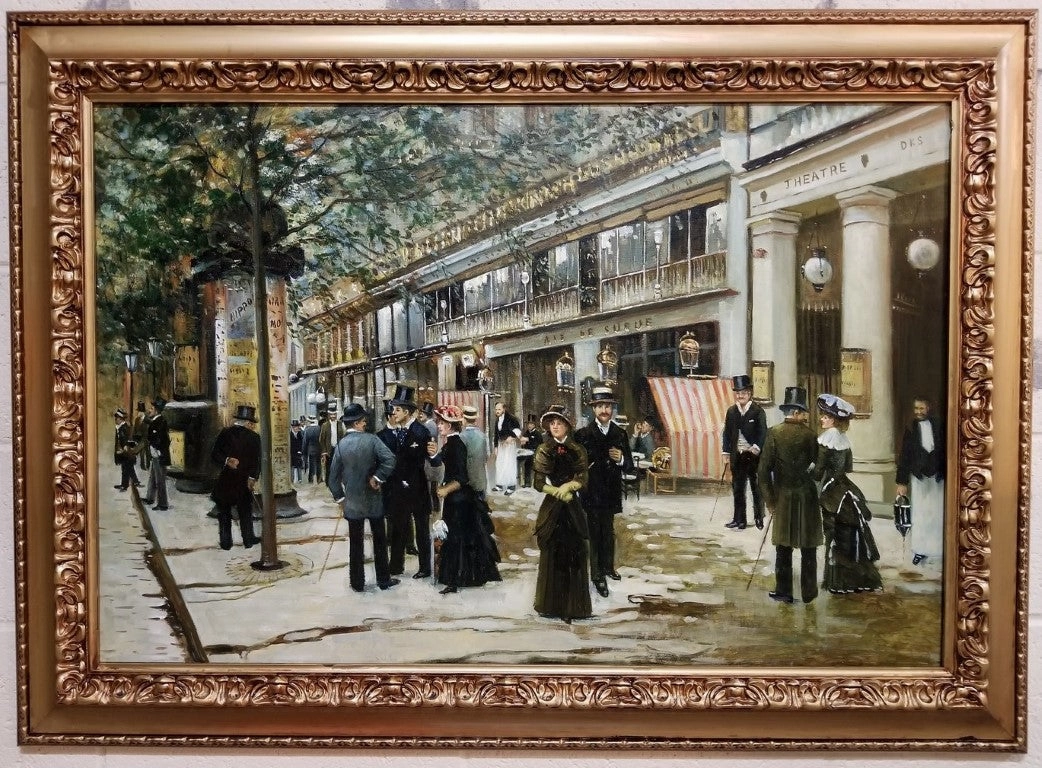 GOLD FRAMED MEN IN TOP HATS STREET SCENE OIL PAINTING classic mural painting