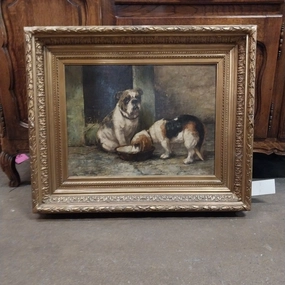 GOLD FRAMED OIL PAINTING OF 2 DOGS SIGNED MEULEN classic mural painting