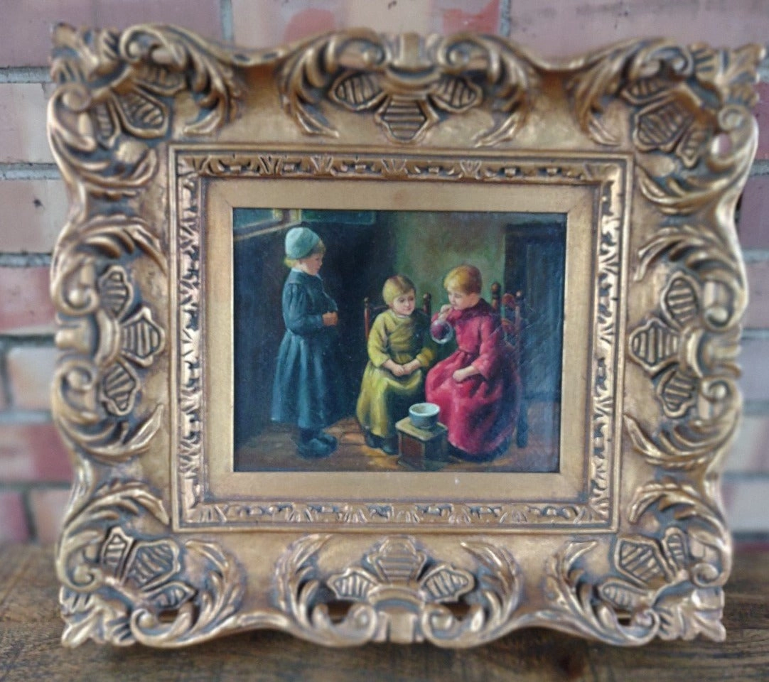 GOLD FRAMED OIL PAINTING OF A 3 CHILDREN classic mural painting
