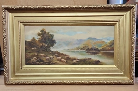 GOLD FRAMED OIL PAINTING OF A FLOCK OF SHEEP BY A LAKE-SIGNED classic mural painting