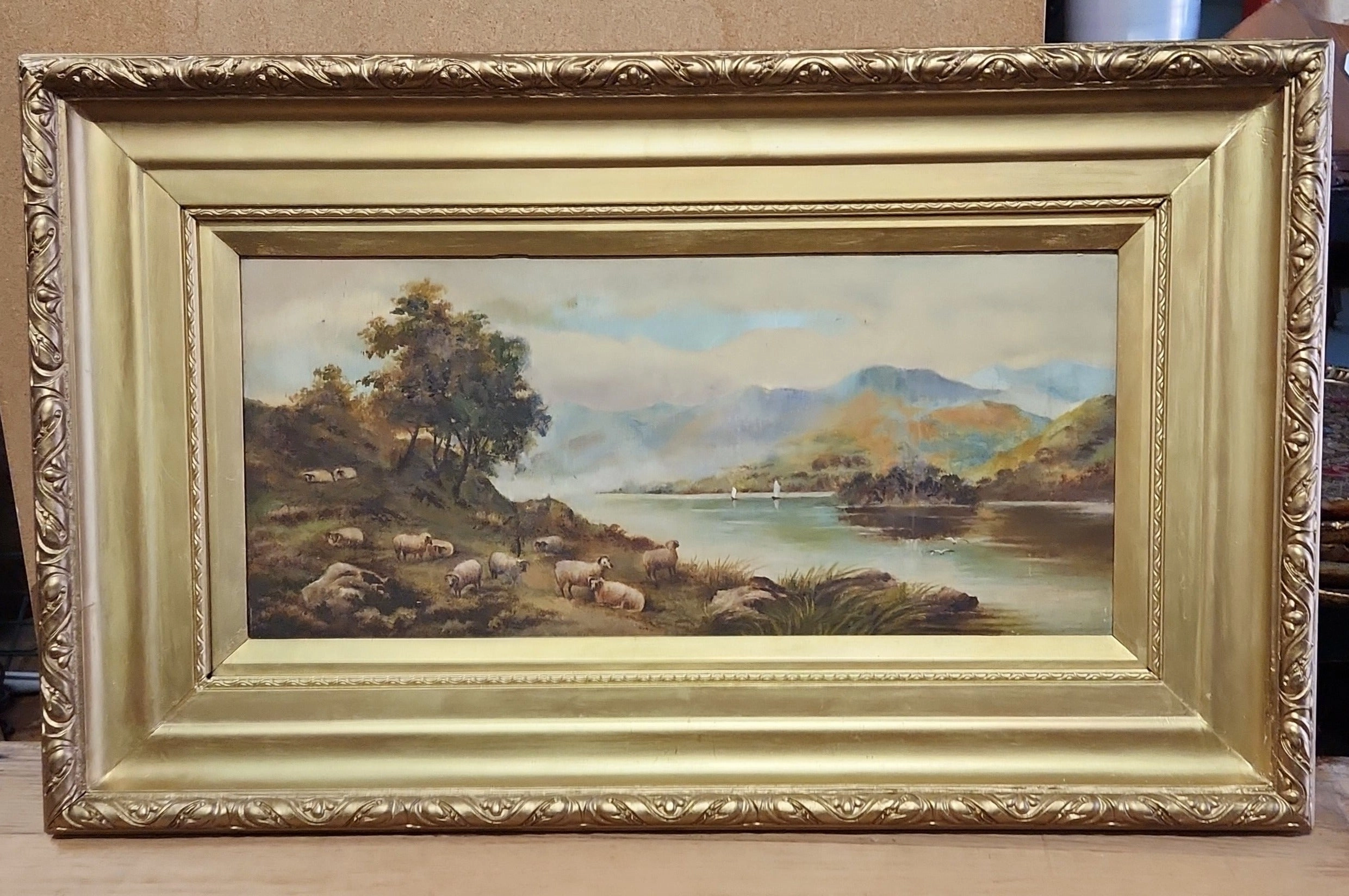 GOLD FRAMED OIL PAINTING OF A FLOCK OF SHEEP BY A LAKE-SIGNED classic mural painting