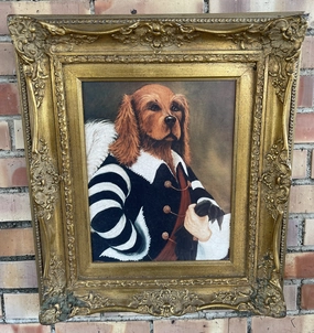 GOLD FRAMED OIL PAINTING OF AN IRISH SETTER IN A JACKET classic mural painting