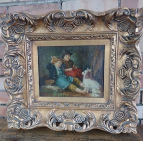 GOLD FRAMED OIL PAINTING OF BOYS AND DOG classic mural painting