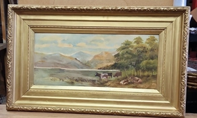 GOLD FRAMED OIL PAINTING OF COWS BY A MOUNTAIN LAKE ON MASONITE classic mural painting