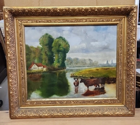 GOLD FRAMED OIL PAINTING OF COWS IN A RIVER BEND classic mural painting