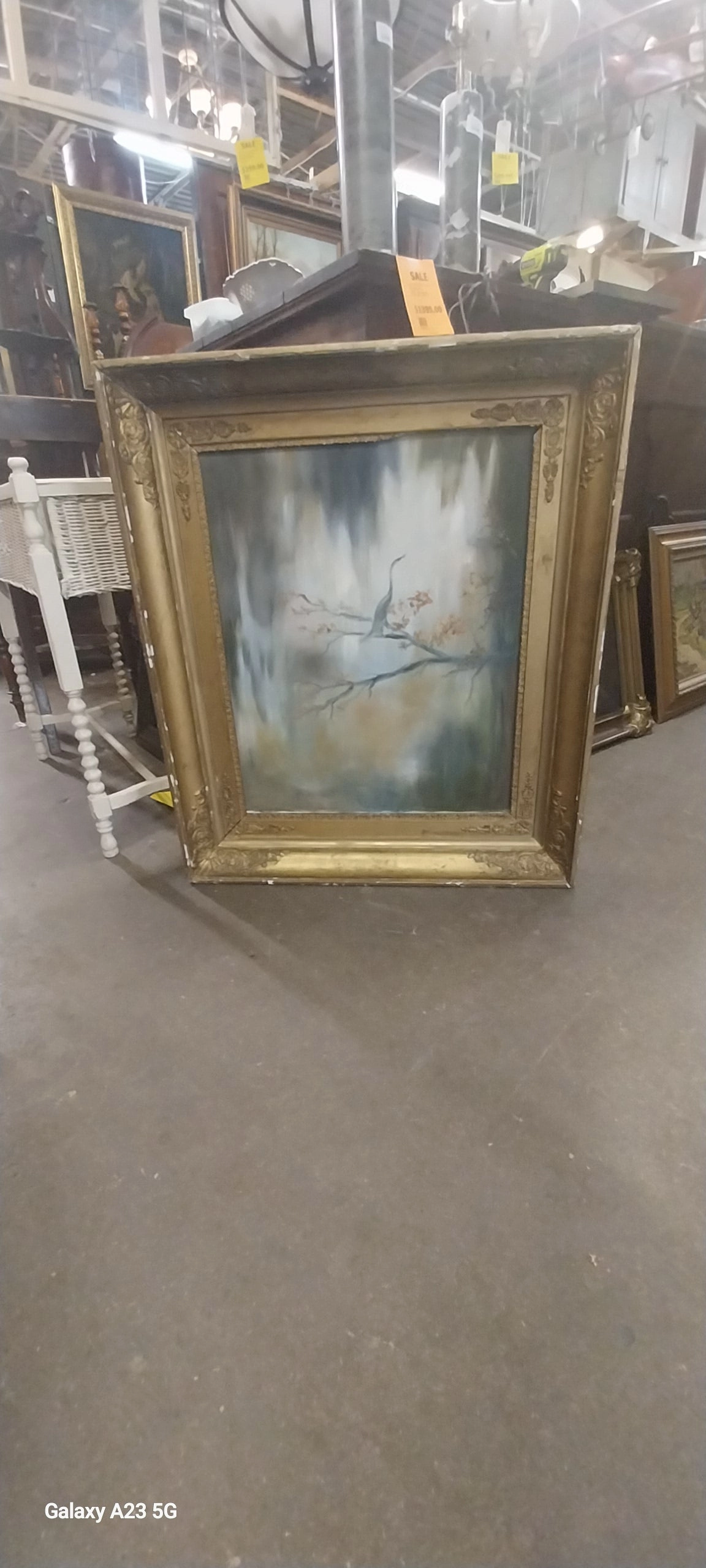 GOLD FRAMED OIL PAINTING OF CRANE ON TREE BRANCH classic mural painting