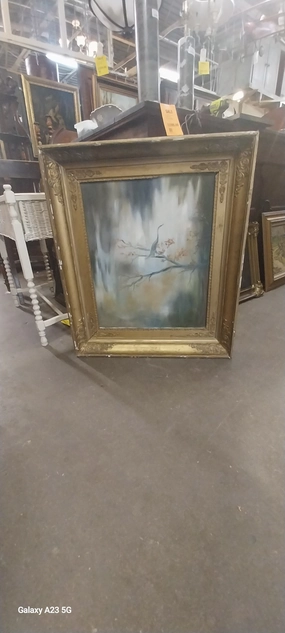 GOLD FRAMED OIL PAINTING OF CRANE ON TREE BRANCH classic mural painting