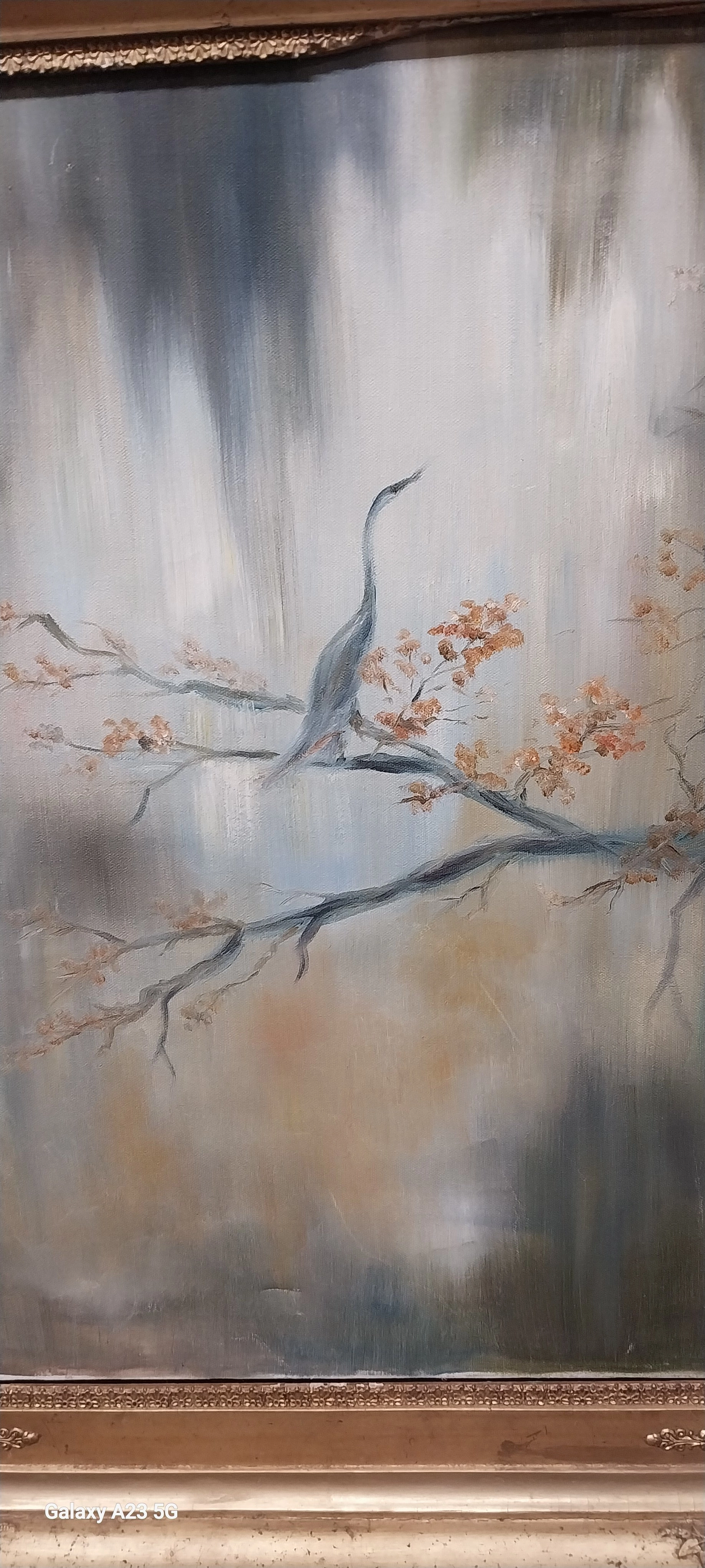 GOLD FRAMED OIL PAINTING OF CRANE ON TREE BRANCH