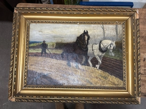GOLD FRAMED OIL PAINTING OF  PLOWING THE FIELD classic mural painting
