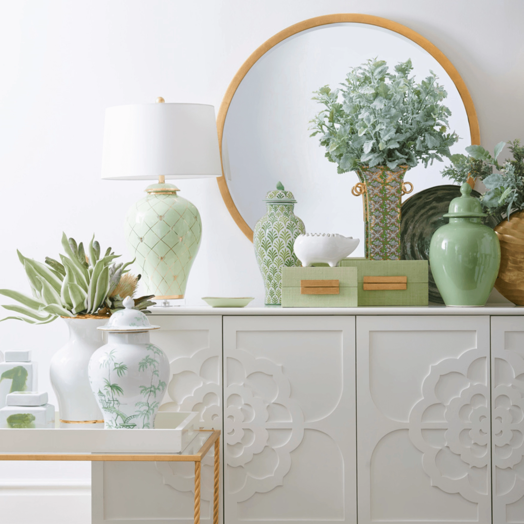 Green & White Hand Painted Covered Urn