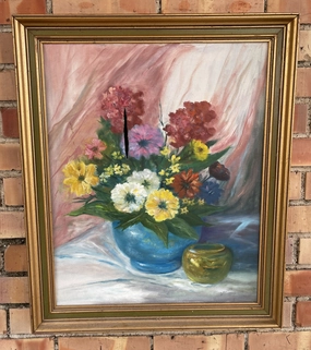 GREEN AND GOLD FRAME WITH AS IS FLORAL PAINTING classic mural painting