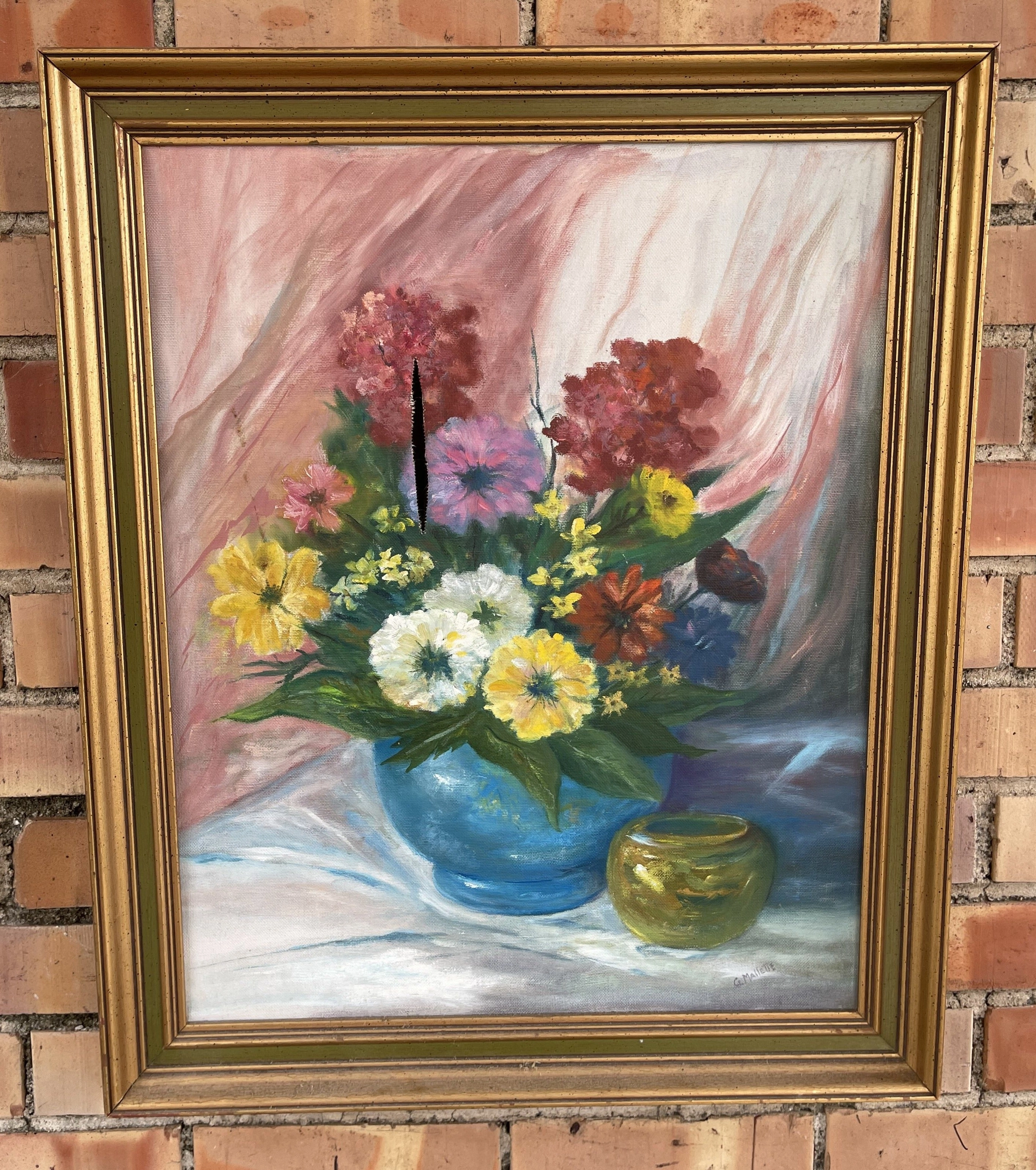 GREEN AND GOLD FRAME WITH AS IS FLORAL PAINTING classic mural painting