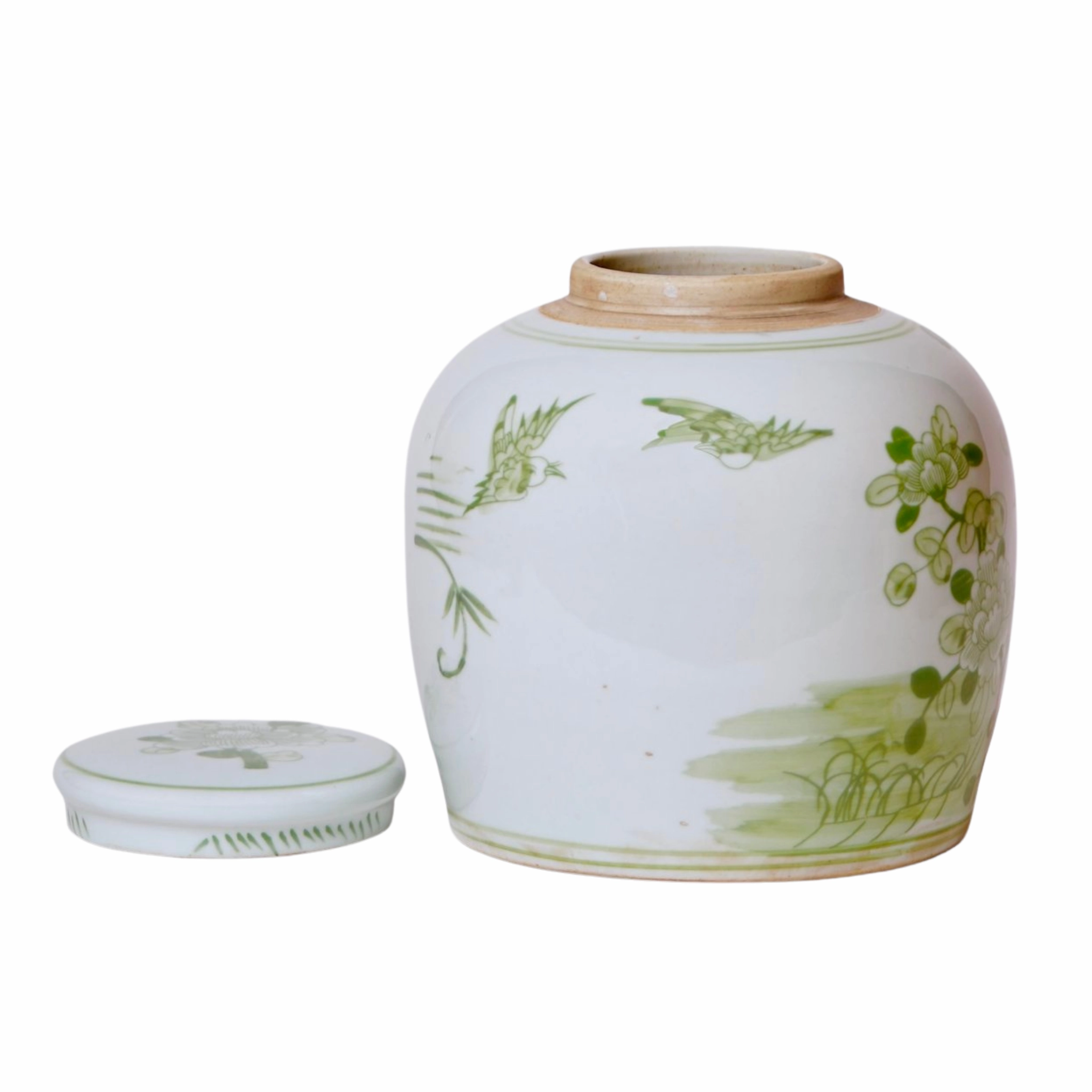 Green and White Lidded Porcelain Jar With Floral Bird Motif